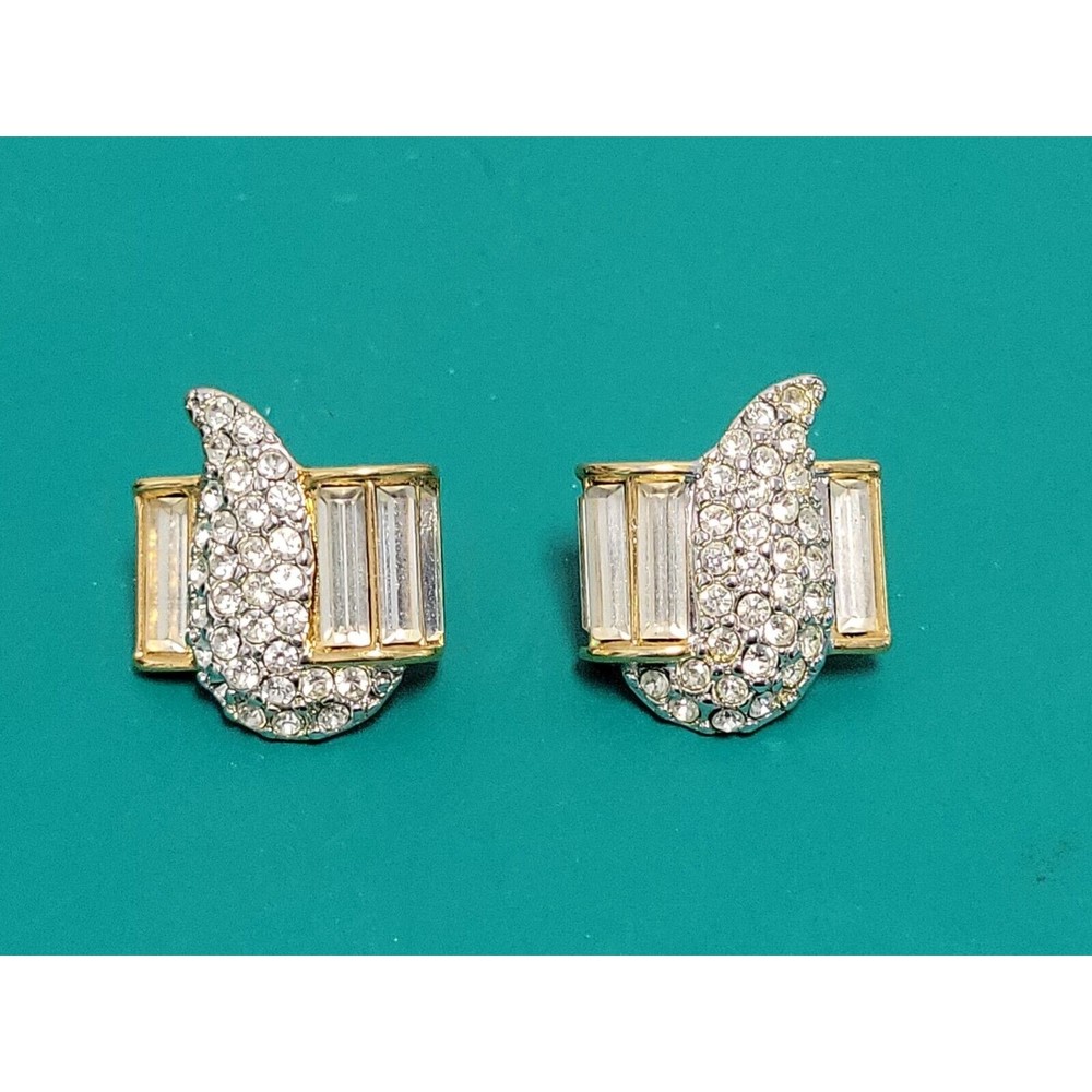 Vintage MONET Gold Tone Pierced Earrings Rhinestones and Emerald Cut Crystals